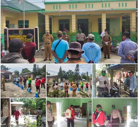 Menyongsong New Normal Cegah Covid-19, Bhabinkamtibmas Bersama Tiga Pilar Lakukan Penyemprotan Disinfektan