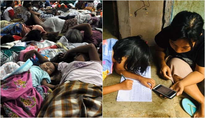 Gambaran pengungsi warga merapi dan anak yang belajar dengan sistem PJJ